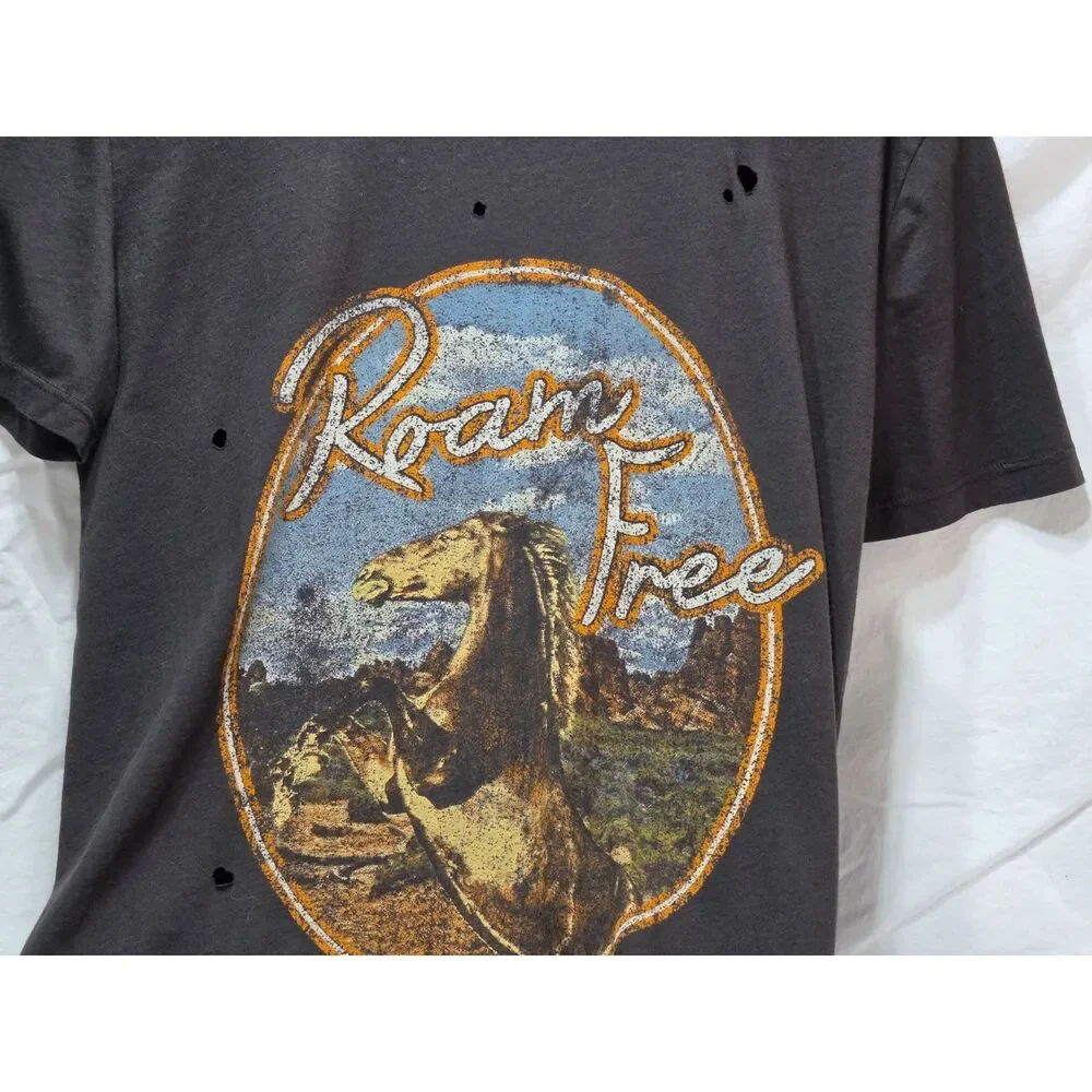 Free People We The Free Roam Free Distressed Horse Graphic Tee Charcoal Black M